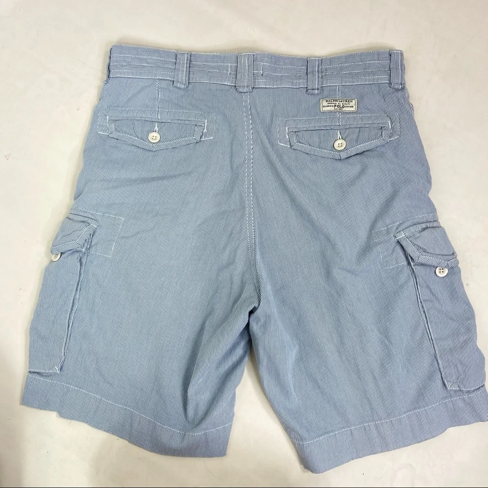 Polo Ralph Lauren blue and white seersucker cargo shorts. Size 35